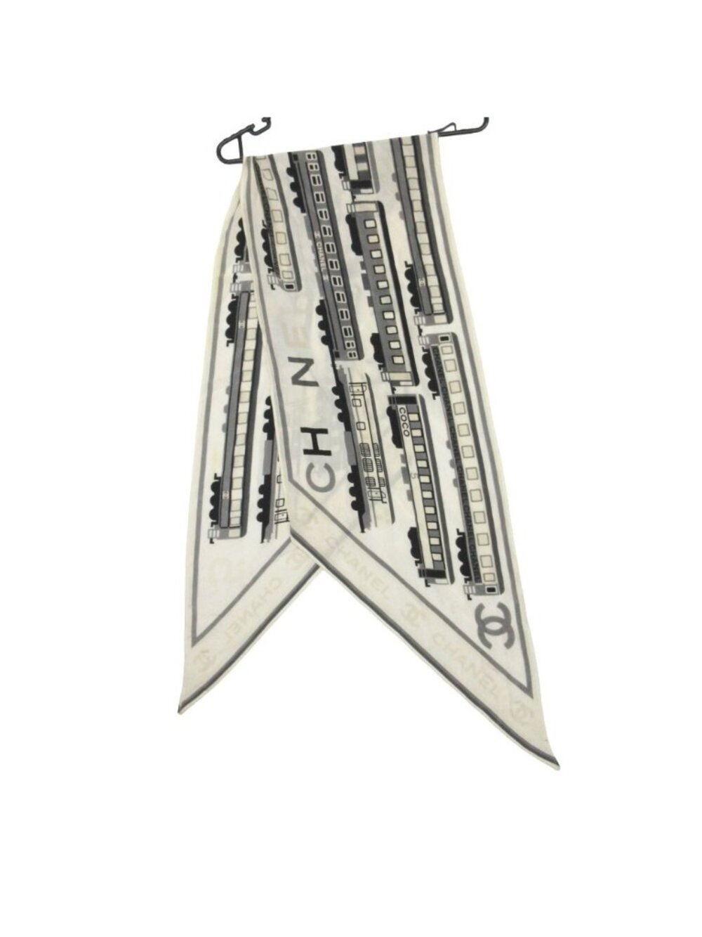 Chanel Scarf CC Logo Silk Train Off White Gray